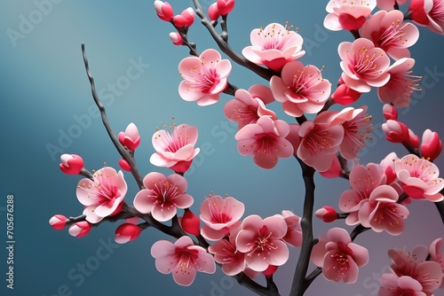 Blossoming Pink Cherry Blossoms Against a Soft Blue Background in Springtime