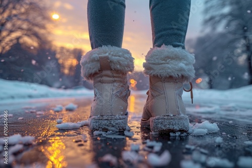 Woman's legs in warm winter boots on snow-covered ice on sunset background.