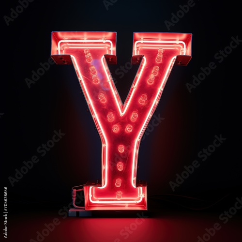 Alphabet capital letter Y text. Futuristic neon glowing symbol, logo on dark grunge background.