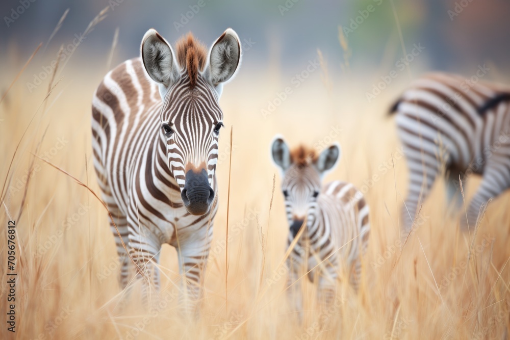Fototapeta premium zebra foal grazing beside adults for protection
