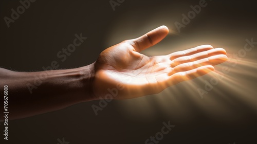 Glowing hand for showcase display and goods advertising on grey neutral background