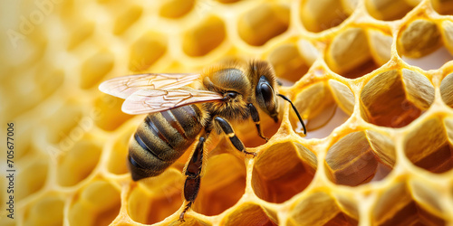 Honey bee working on honeycomb cells closeup © Great Choice