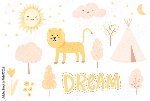 Nursery illustrations set, cute lion, trees and sun, cloud, moon. Simple scandinavian gender neutral drawings for kids posters and stationery. Vector art elements