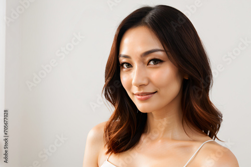 portrait of happy beautiful woman looking into camera with a white background natural