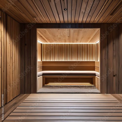 Tablou canvas A Scandinavian sauna with wooden benches and ambient lighting4