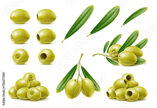 Realistic raw green olives. Isolated olive branch and leaves. Vector set of popular briny Mediterranean snack with vibrant green color and firm texture. Cuisine ingredient with seeds and seedless