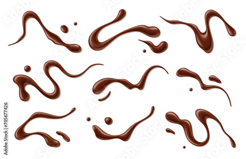 Chocolate sauce syrup drop, splash, stain and swirl. Isolated realistic 3d vector set of luscious drizzles of melt choco dessert. Indulgent delight, enticing taste buds with its sweet, decadent allure photo