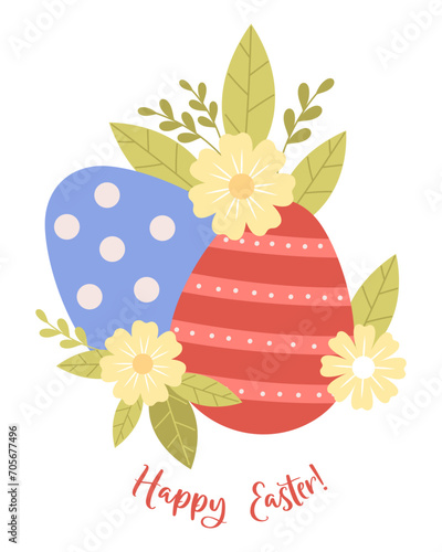 Easter eggs and flowers. Happy Easter. Holiday paschal card. Vector illustration