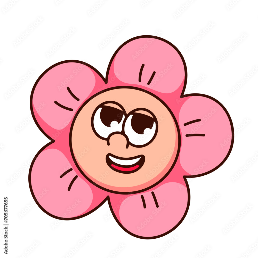 Groovy flower cartoon character with funny pink face. Cute retro floral mascot with comic pensive facial expression, cartoon flower thinking, trendy hippie sticker of 70s 80s vector illustration Groovy flower cartoon character with funny pink face. Cute retro floral mascot with comic pensive facial expression, cartoon flower thinking, trendy hippie sticker of 70s 80s vector illustration