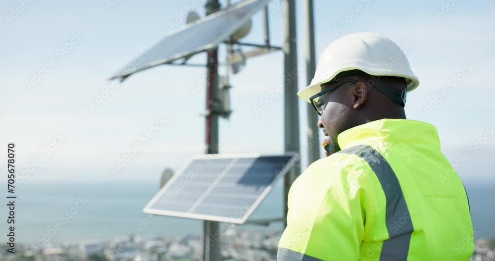 Solar panel, contractor or black man on a phone call for communication, advice or building project. Outdoor, energy or builder in conversation for architecture, planning or construction inspection Solar panel, contractor or black man on a phone call for communication, advice or building project. Outdoor, energy or builder in conversation for architecture, planning or construction inspection