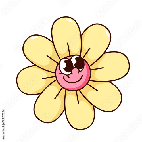 Groovy flower cartoon character with cute smile. Funny retro floral mascot smiling, cartoon flower with yellow petals and red circle happy face, sunflower sticker of 70s 80s vector illustration