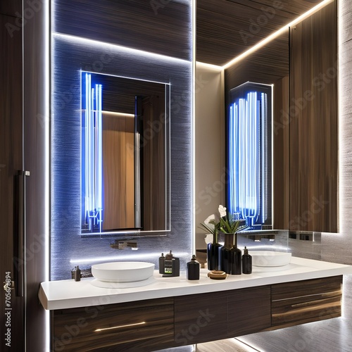A futuristic bathroom with smart mirrors and voice-activated fixtures3