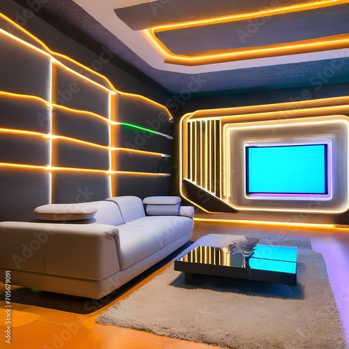 A retro-futuristic living room with neon lights and geometric furniture5 photo
