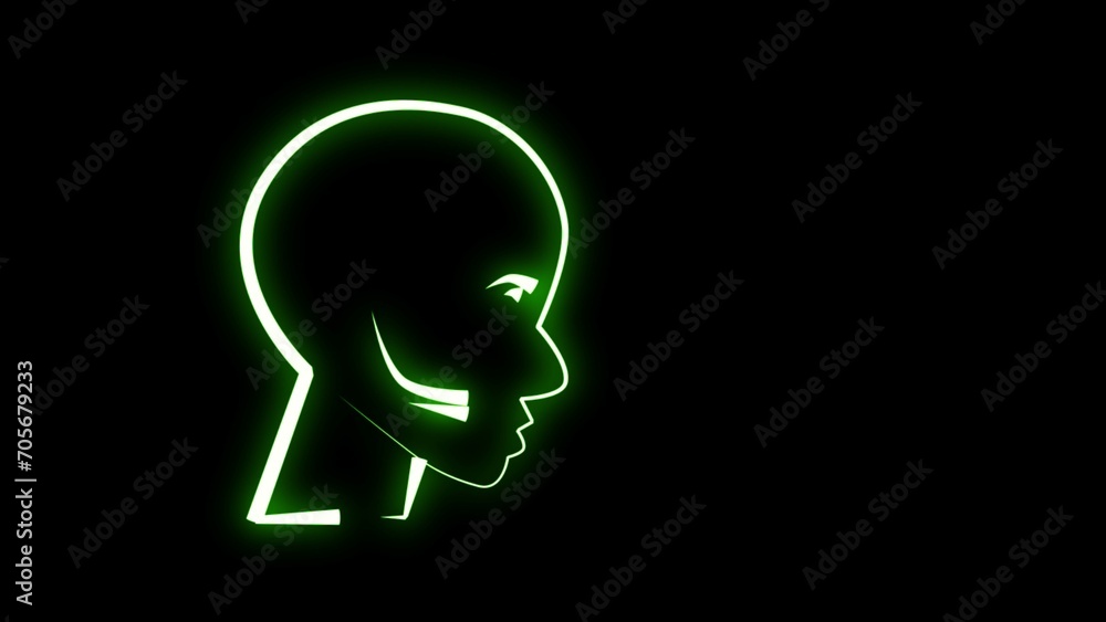 Human head symbol. Bright green neon left human head with icon on black background. neon sign of migraine, Human head symbol. Bright green neon left human head with icon on black background. neon sign of migraine,