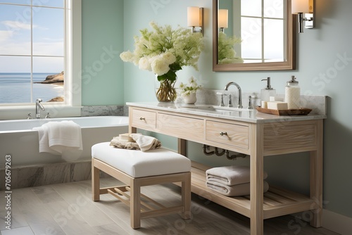 A coastal-inspired bathroom with light hues and natural textures © Anna Lurye