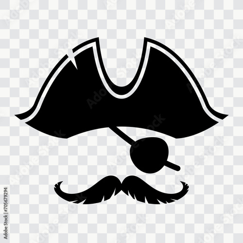 Pirate captain or sailor tricorn hat and eye patch photo booth mask. Vector birthday party costume, photobooth props or scrapbooking elements with isolated silhouette of pirate, corsair or buccaneer