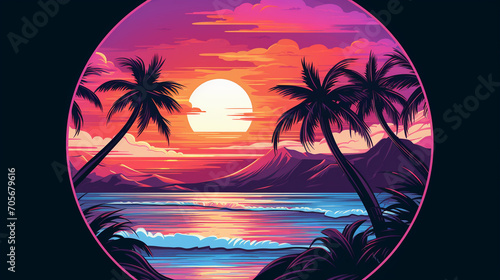 Abstract Tropical Bliss: Sunset, Palm Trees, and Sea in a Circle Icon photo
