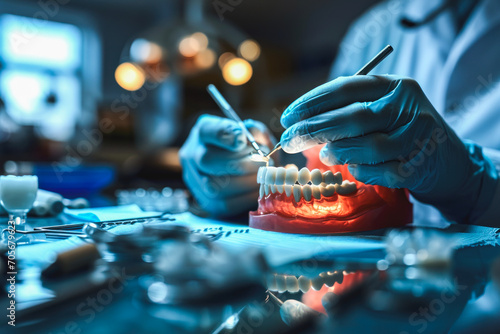 Dentist Student Practicing on Set of False Teeth. Health Concept photo