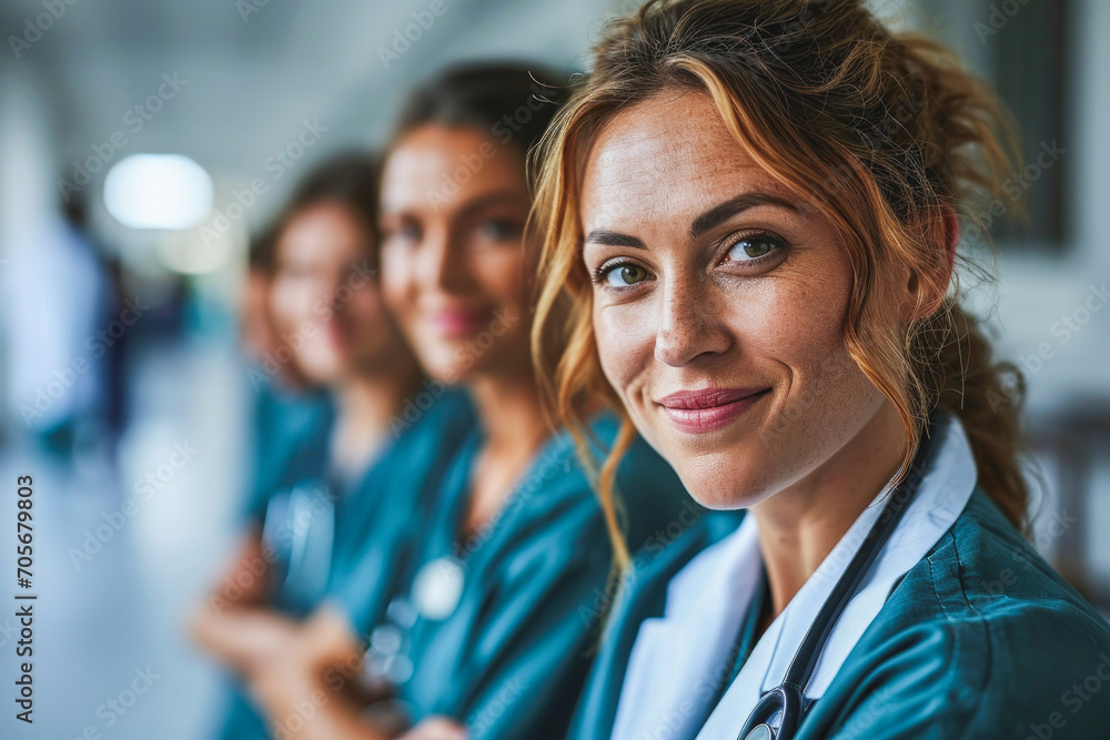 Fototapeta premium Team of Female Doctors at Hospital Posing to Camera. Health Concept