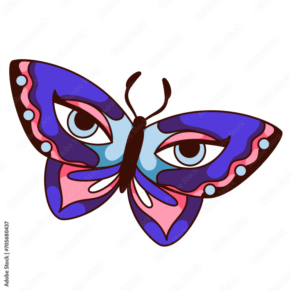 Groovy cartoon butterfly with psychedelic eyes pattern on violet wings. Funny retro flying insect mascot, cartoon trippy butterfly with funky details, hippy sticker of 70s 80s vector illustration Groovy cartoon butterfly with psychedelic eyes pattern on violet wings. Funny retro flying insect mascot, cartoon trippy butterfly with funky details, hippy sticker of 70s 80s vector illustration