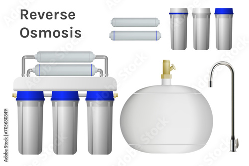 Reverse osmosis kit, filter, expansion tank and faucet.