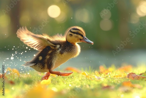 Baby duck, cute duckling pet bird flapping its wings trying to take off . A domestic animal learning to fly on the village green. © photolas