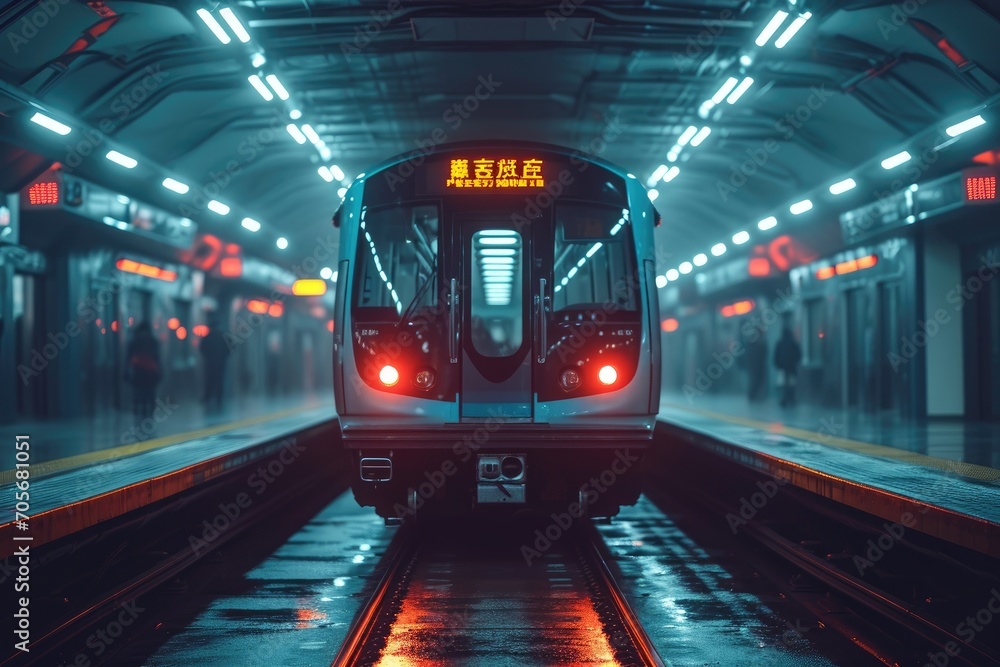 Fototapeta premium Frontal view of a modern metro wagon. Train into a neon-lit arched tunnel of the underground subway.