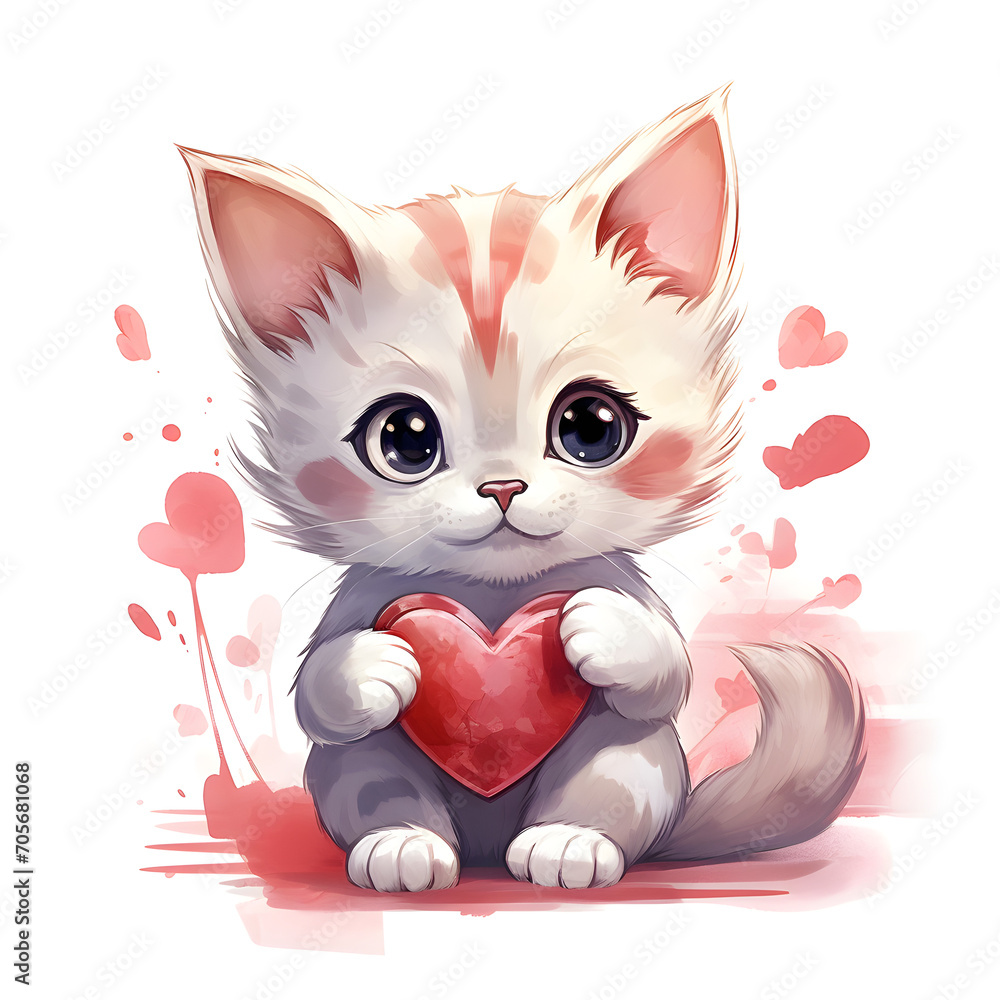 Fototapeta premium Valentine kitten, cute kitten, baby cat, love day. watercolor illustrations
