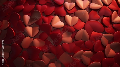 A pile of red hearts on a red background. 