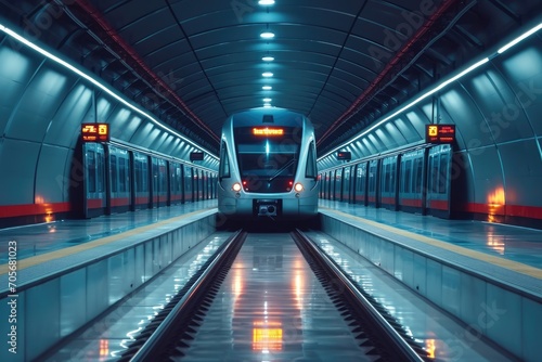 Wallpaper Mural Frontal view of a modern metro wagon. Train into a neon-lit arched tunnel of the underground subway. Torontodigital.ca