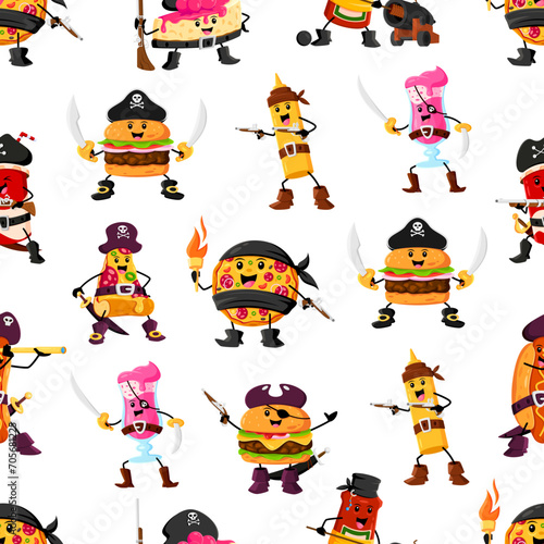 Cartoon fast food pirate and corsair characters pattern. Seamless background with cute personages of vector hamburger, pizza, hot dog and soda, cheesecake, ketchup and mustard with pirate hats, guns