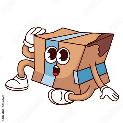 Groovy cardboard box cartoon character with damage. Funny retro delivery mascot parcel, cartoon wet crumpled box sitting with expression of shock and surprise, sticker of 70s 80s vector illustration