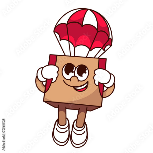 Groovy cardboard box cartoon character flying with parachute. Funny retro express fast delivery mascot, cartoon box with surprise gift, shop order. Comic sticker of 70s 80s vector illustration