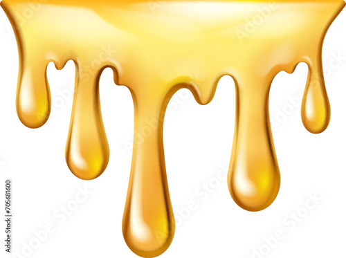 Dripping sweet maple syrup or sugary caramel, isolated honey liquid flowing with drops. Vector juicy or sticky liquid with splashes. Melting realistic fluid