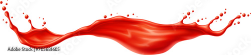 Red wave of tomato juice or ketchup sauce splash. Vector 3d liquid flow with drops and ripple texture. Realistic tomato sauce, ketchup, red vegetable juice, spicy food condiment and drink photo