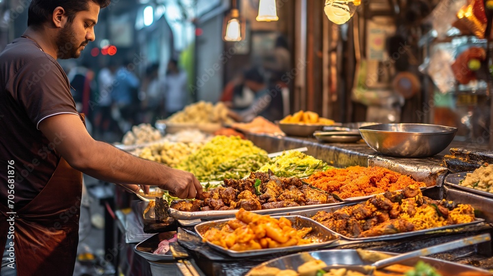 Mumbai street food, a man cooking outdoors, selling street food, bustling cityscape