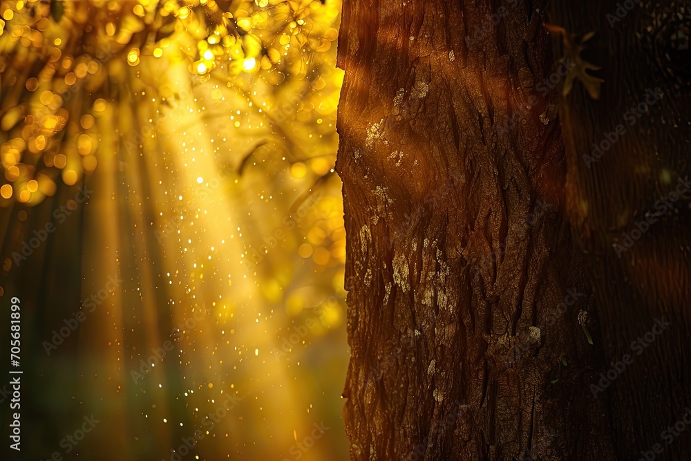 Obraz premium Enchanted woodlands. Stunning forest landscape bathed in warmth of morning sunlight featuring green foliage mist and magical atmosphere perfect for capturing beauty of nature