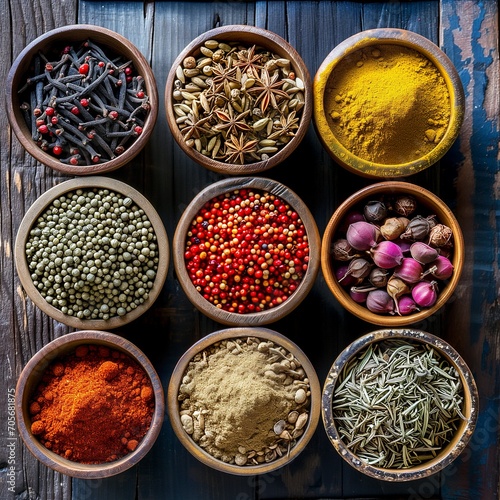 Indian spices and herbs, top view, traditional wooden bowls, market ambiance