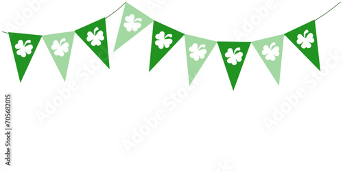 St Patrick Day green bunting pennants with clover symbol, flags garland, Irish holiday, panoramic decorative vector illustration garland with shamrocks for greeting card, poster, banner.