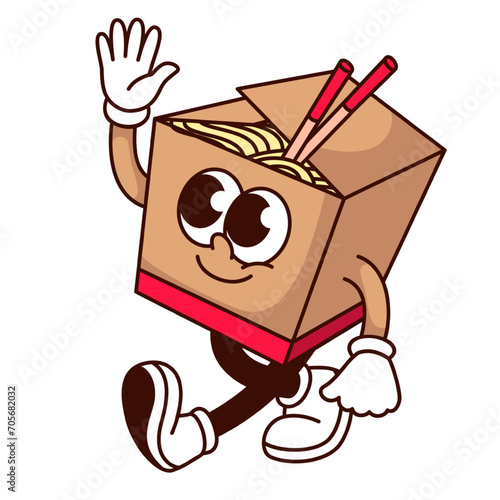 Groovy noodle box cartoon character walking and waving. Funny retro Chinese takeaway food mascot, cartoon cardboard container with takeout noodle and chopsticks, sticker of 70s 80s vector illustration