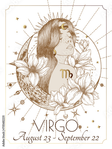 Vector illustration of zodiac signs in flowers. Virgo in white and gold colors in engraving style	