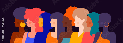 Different ethnicity multi-ethnic, multinational parade beauty women. Simple character women different nationalities, races, Arab, Asian, European, African. Chinese, Latin women. Vector Illustration