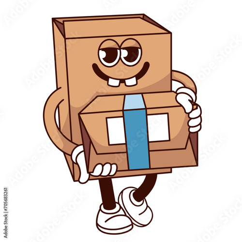 Groovy cardboard box cartoon character carrying package. Funny retro fast delivery mascot walking, cartoon box courier with funky smile giving gift parcel, sticker of 70s 80s vector illustration