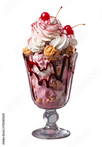 Amazing delicious ice cream sundae in a tall glass. PNG file with transparency. Generative Ai
