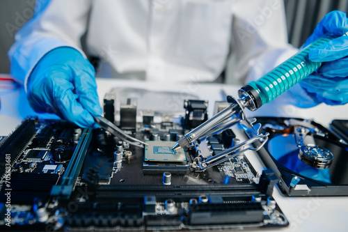 Картината върху платно The technician is putting the CPU on the socket of the computer motherboard