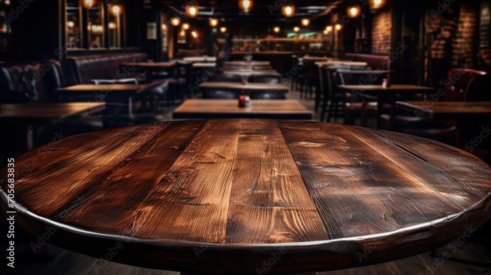 Rustic wooden round table surface in warm luxury style cafe. Blur bokeh background with copy space for place display product. Rustic wooden round table surface in warm luxury style cafe. Blur bokeh background with copy space for place display product.