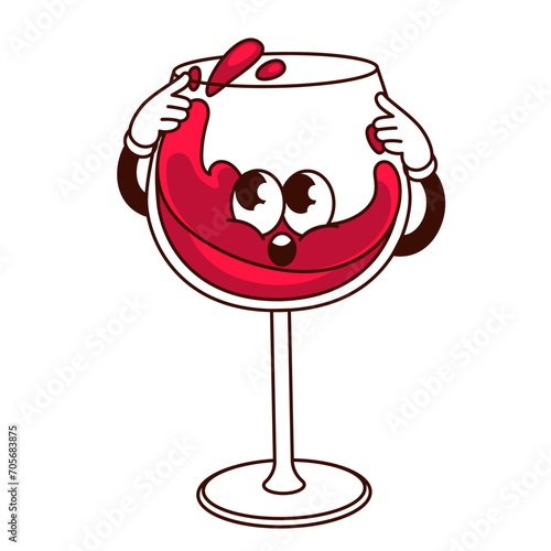 Groovy cartoon red wine glass character with surprise expression on face. Funny retro emoji of cup with pouring wine, winery mascot, wineglass cartoon sticker of 60s 70s style vector illustration