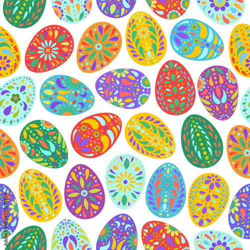 Easter eggs pattern. Color egg background. Easter symbol. Fabric Easter texture. Egg hunt vector illustration. Happy Easter day backdrop. Painted eggs print.