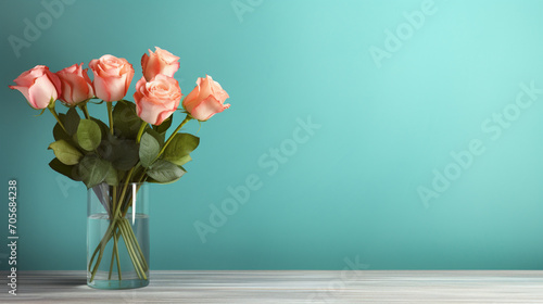 Floral Elegance  Wooden Table with Roses Bouquet Against a Blank Turquoise Wall