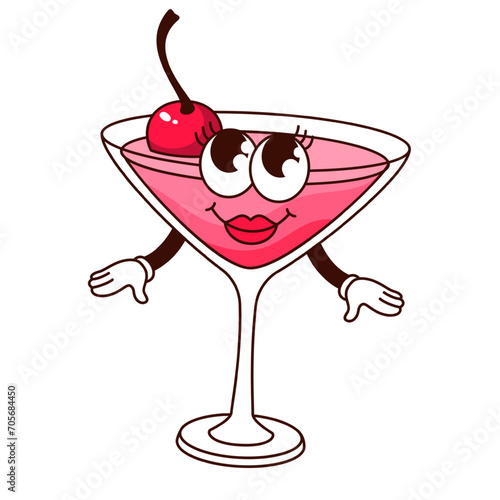 Groovy cartoon cocktail glass character with cherry. Funny cup of pink alcohol drink for beach bar party, retro cocktail mascot with cute smile, cartoon sticker of 60s 70s style vector illustration